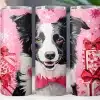Three Pink Tumblers Featuring A Border Collie Wearing A Pink Bow, Surrounded By Pink Presents And Snowflakes.