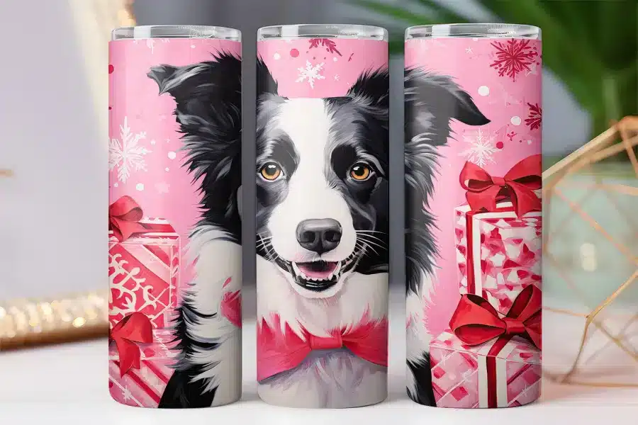 Three Pink Tumblers Featuring A Border Collie Wearing A Pink Bow, Surrounded By Pink Presents And Snowflakes.