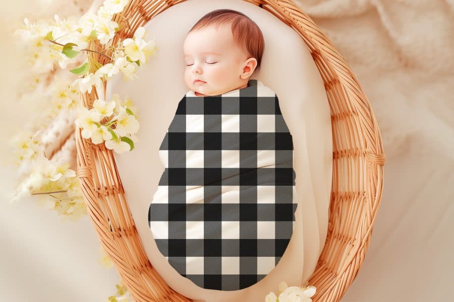 Sleeping baby wrapped in a black and white buffalo plaid swaddle.