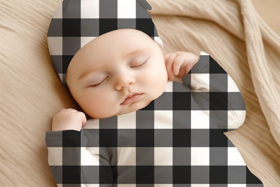 Sleeping Baby Wearing A Black And White Buffalo Plaid Outfit.
