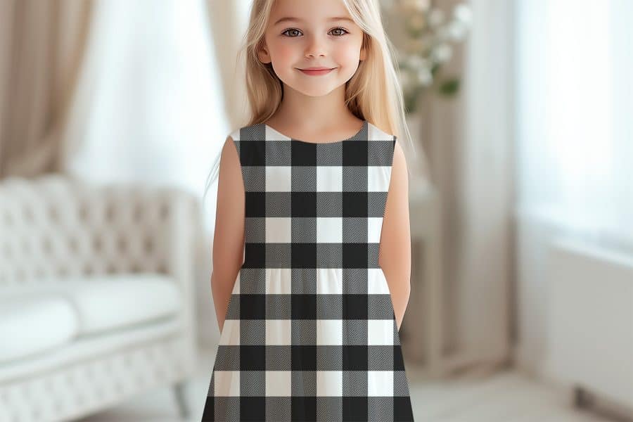 Girl Wearing A Black And White Buffalo Plaid Dress.