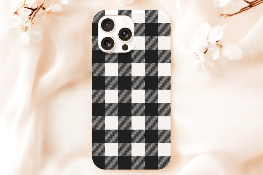 Iphone Case With Black And White Buffalo Plaid Pattern.