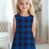 A Young Girl Wearing A Blue And Black Buffalo Plaid Sleeveless Dress.