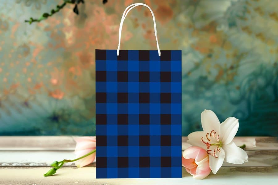 Blue And Black Buffalo Plaid Gift Bag With White Handles.