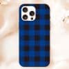 Phone Case With Blue And Black Buffalo Plaid Pattern.