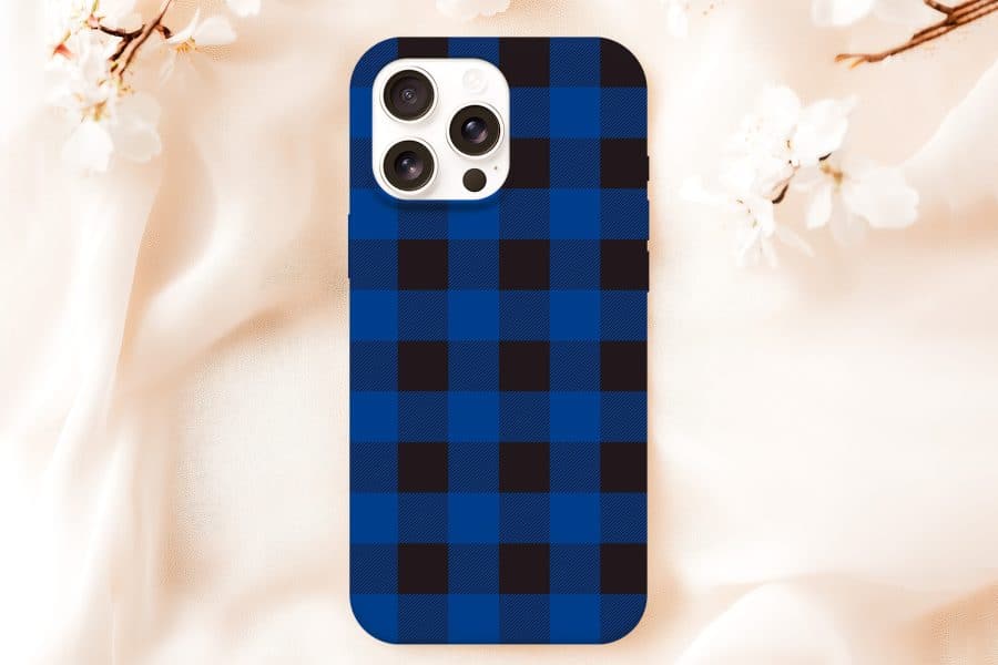 Phone Case With Blue And Black Buffalo Plaid Pattern.