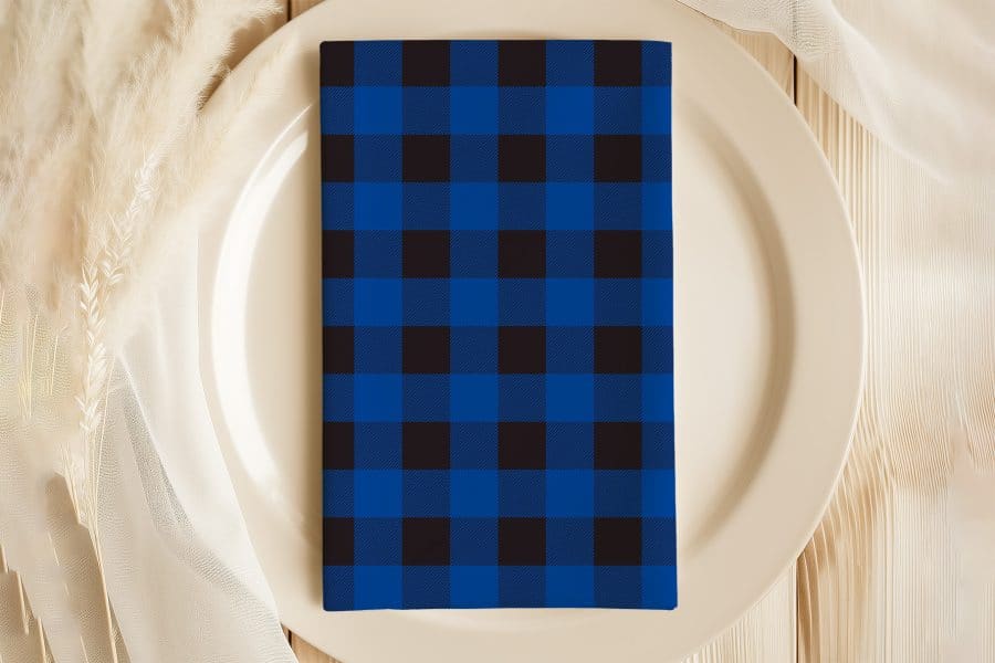 Blue And Black Buffalo Plaid Napkin On A White Plate.