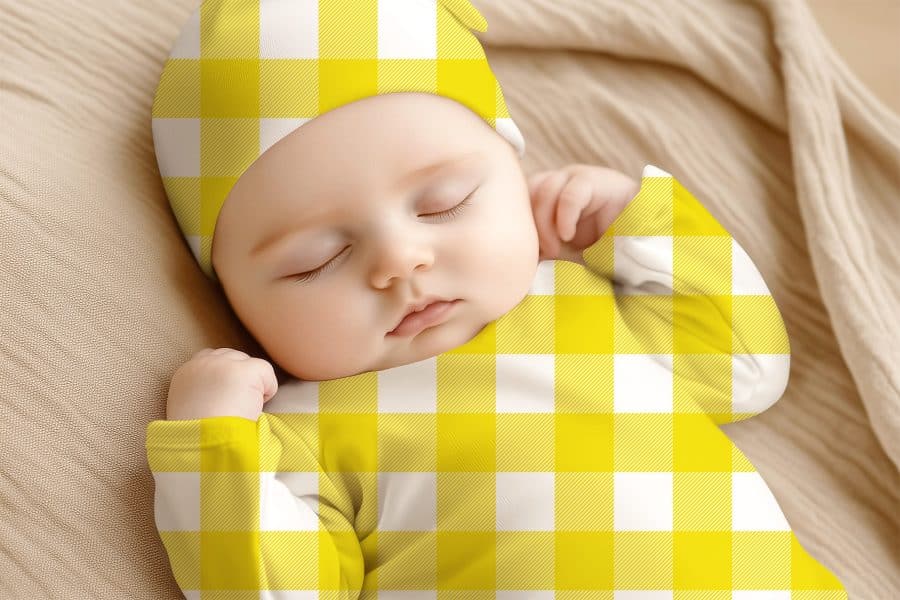 Sleeping Baby Wearing A Yellow And White Gingham Outfit.
