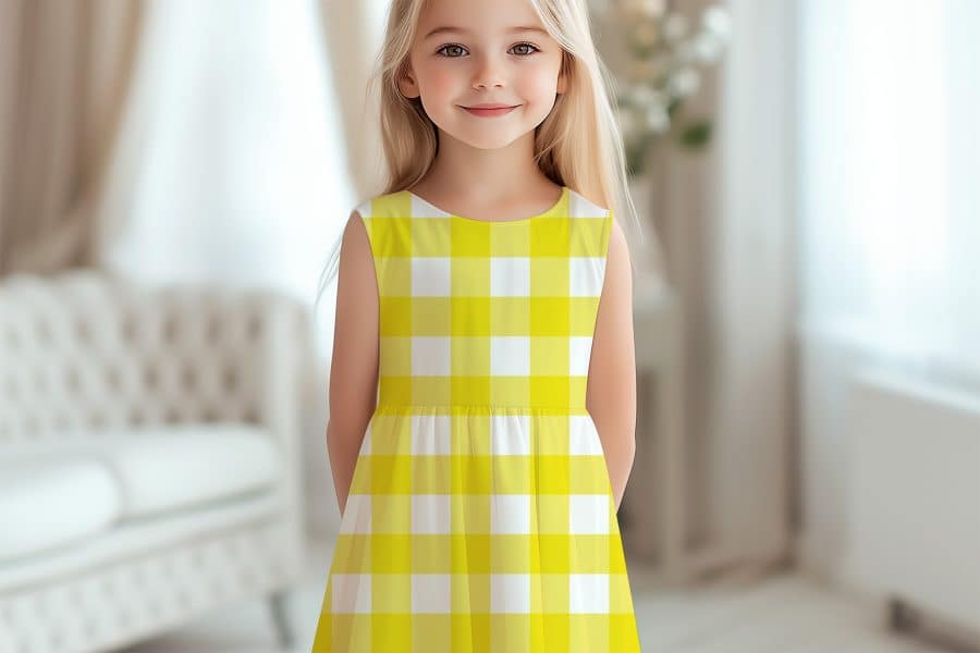 Girl In Yellow And White Gingham Dress.