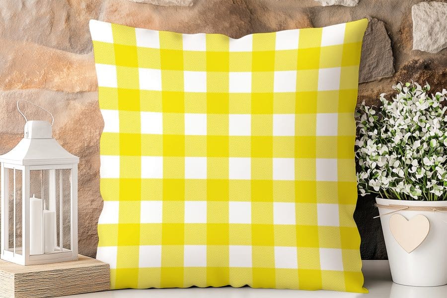 Yellow And White Gingham Pillow.