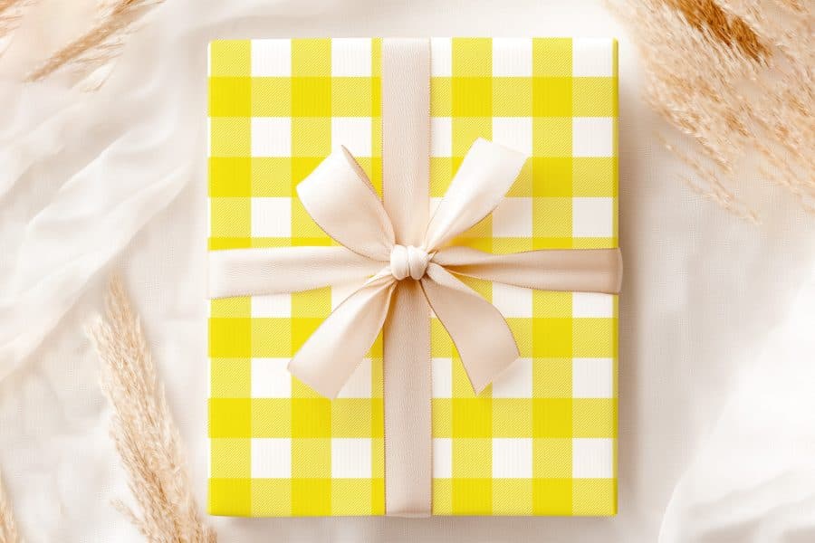 Yellow Gingham Gift Box With Beige Ribbon.