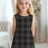 Girl Wearing A Sleeveless Black And Gray Plaid Dress.