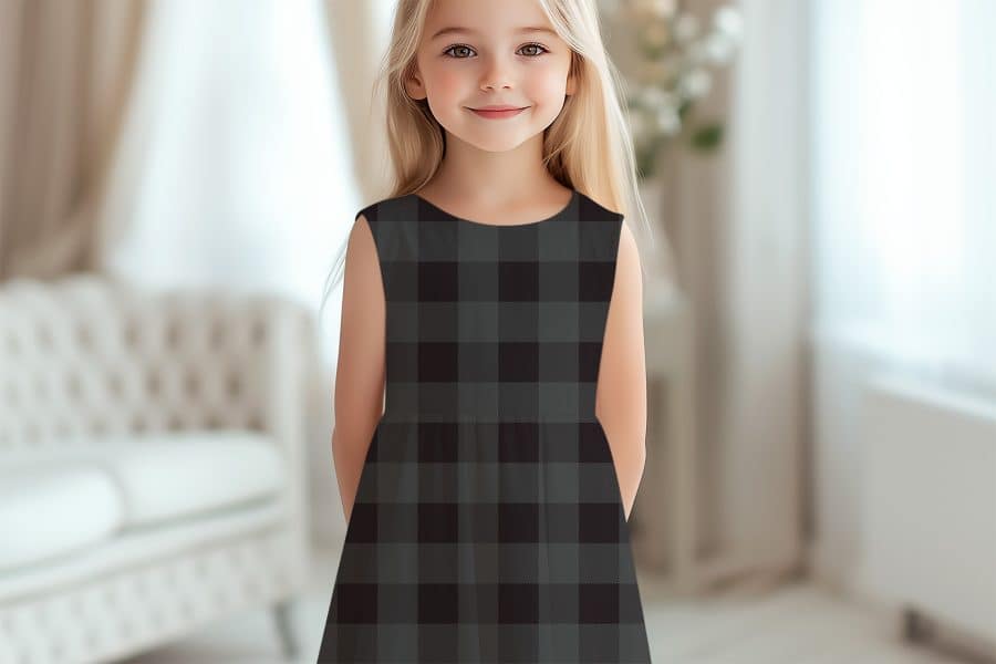 Girl Wearing A Sleeveless Black And Gray Plaid Dress.