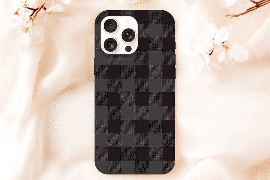 Phone Case With Black And Gray Plaid Pattern.