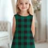 Girl Wearing A Green And Black Plaid Sleeveless Dress.