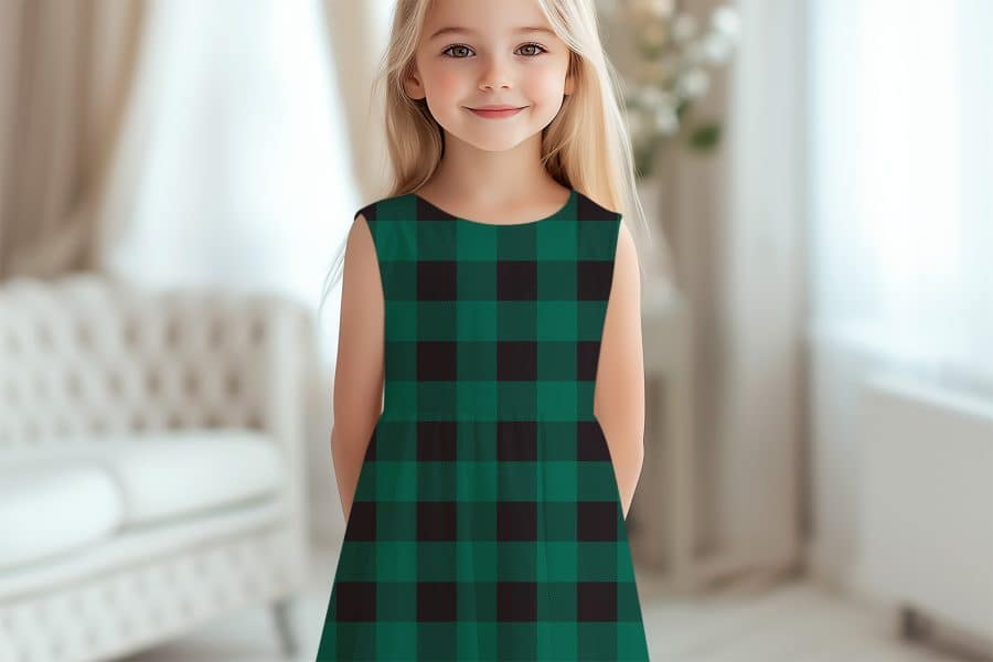 Girl Wearing A Green And Black Plaid Sleeveless Dress.