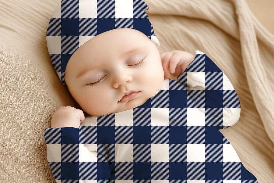 Sleeping Baby Wearing A Navy And White Gingham Outfit.