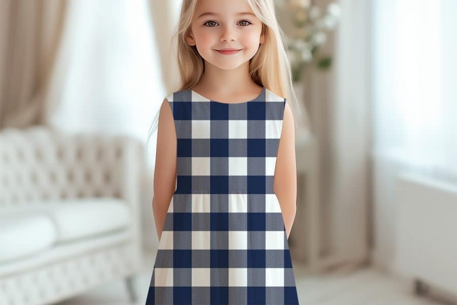 Girl Wearing A Navy And White Gingham Dress.