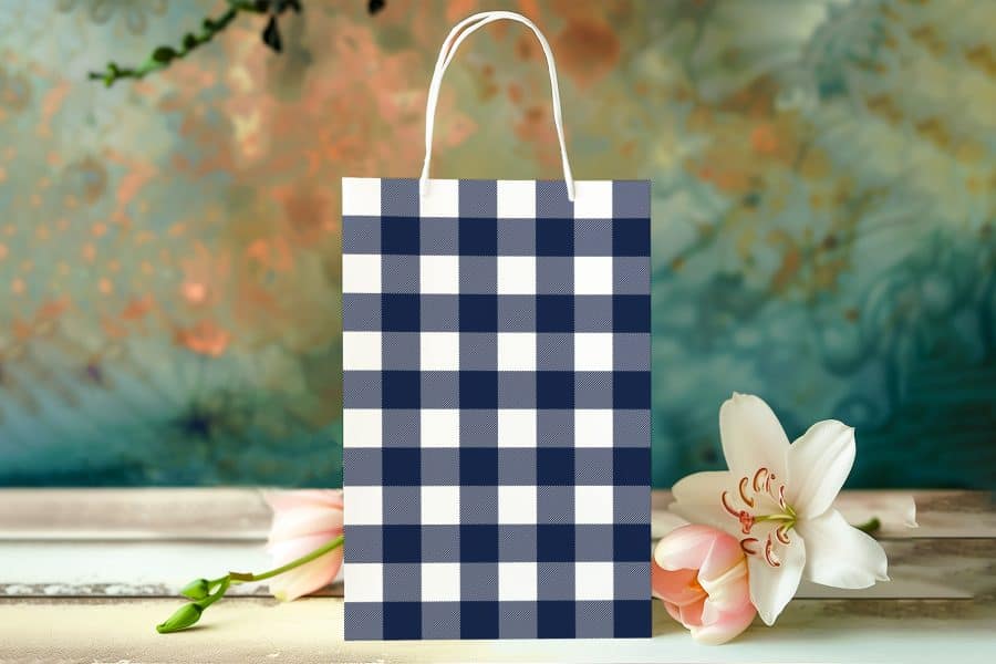 A Navy Blue And White Gingham Gift Bag.