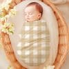 Sleeping Baby Wrapped In A Tan And White Gingham Swaddle, Nestled In A Wicker Basket.