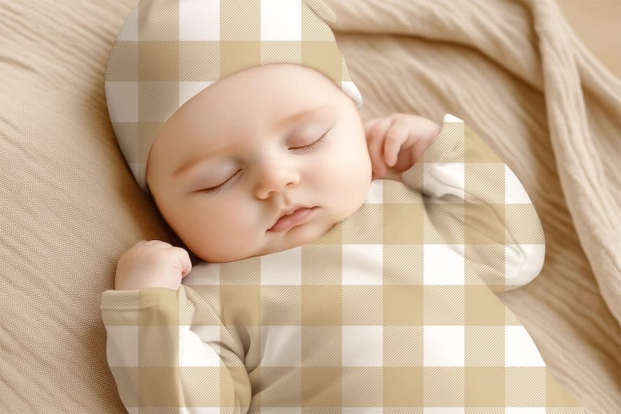 Sleeping Baby Wearing A Beige And White Gingham Outfit.