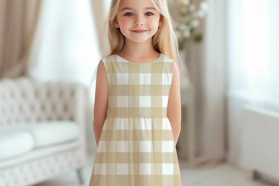 Girl In A Beige And White Gingham Dress.