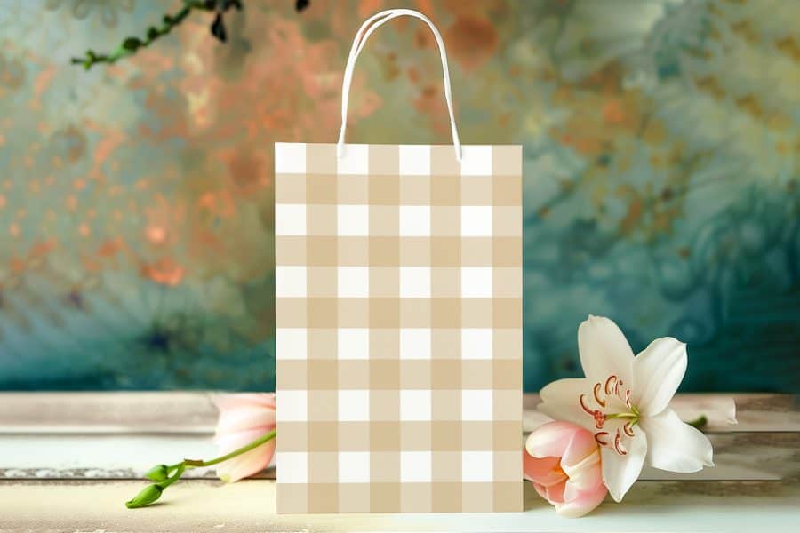 Beige And White Gingham Gift Bag.