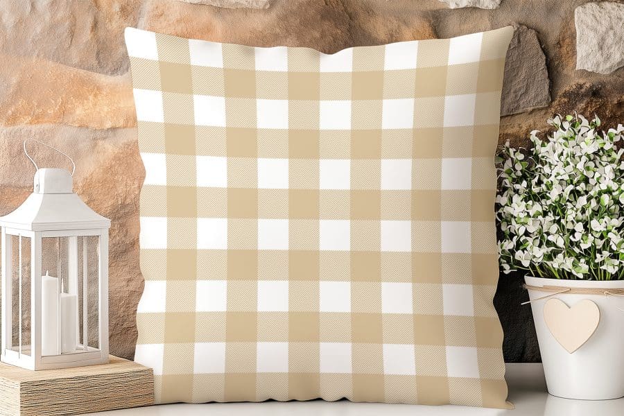 Beige And White Checkered Throw Pillow.
