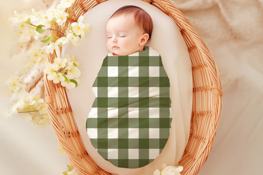 Sleeping baby swaddled in a green and white gingham blanket.