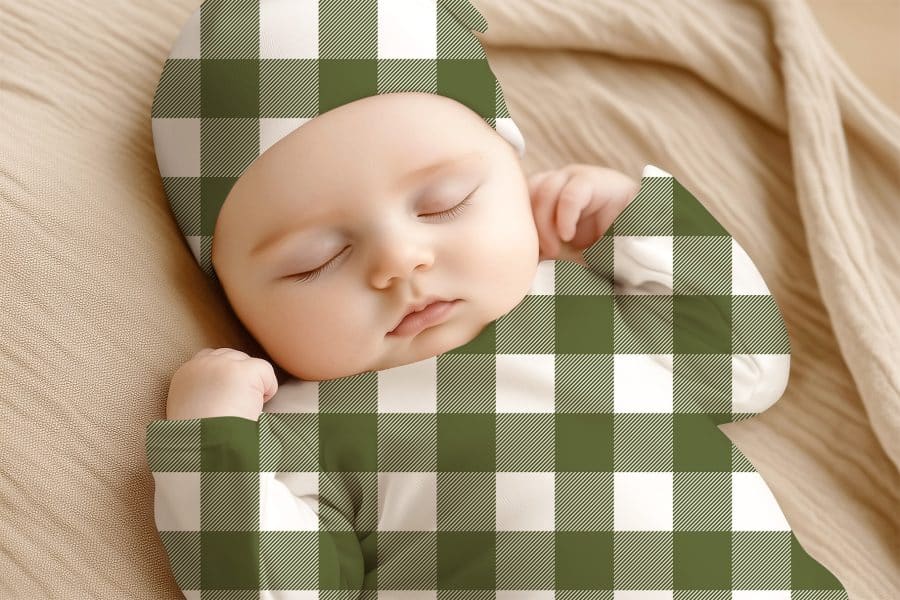 Sleeping Baby Wearing A Green And White Buffalo Plaid Outfit.