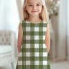 Girl Wearing An Olive Green And White Gingham Dress.
