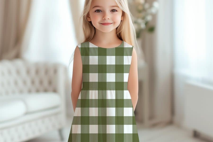 Girl Wearing An Olive Green And White Gingham Dress.