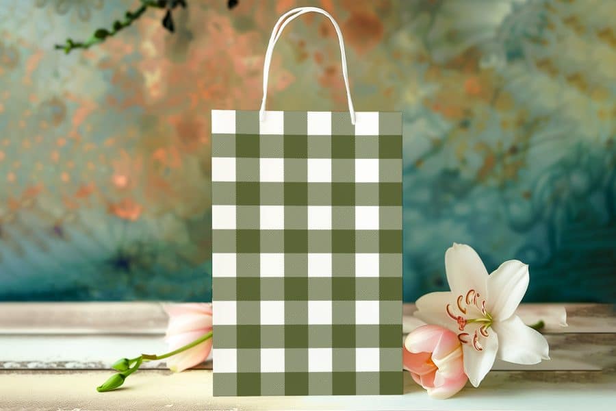 Green And White Gingham Gift Bag With Flowers.