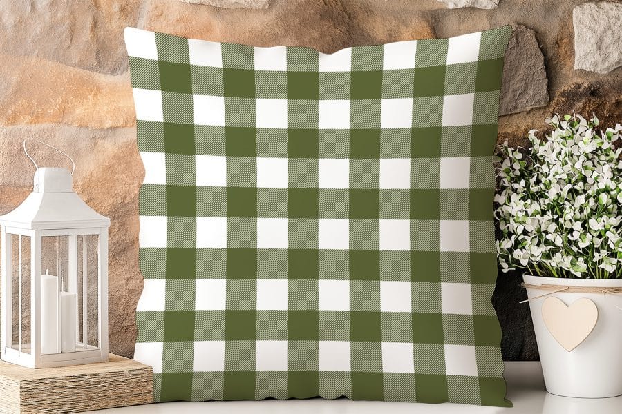 Olive Green And White Buffalo Plaid Throw Pillow.