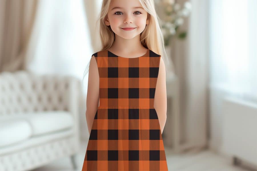 Young Girl In An Orange And Black Plaid Dress.