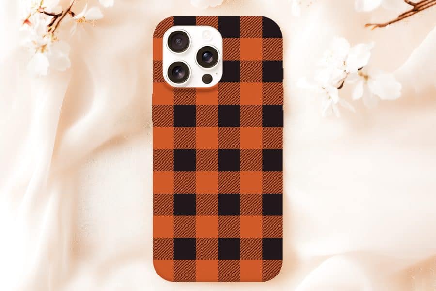 Orange And Black Buffalo Plaid Phone Case.