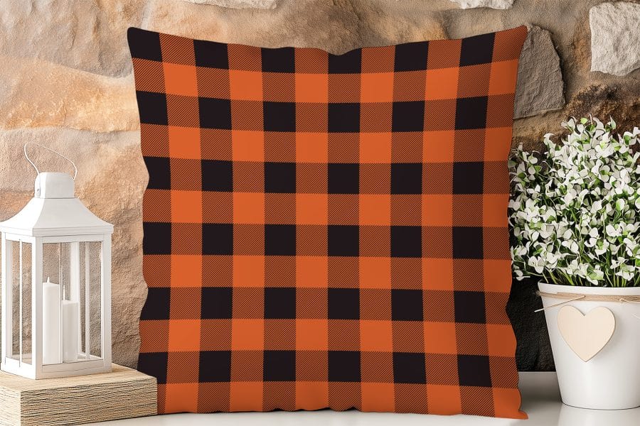 Orange And Black Buffalo Plaid Pillow.
