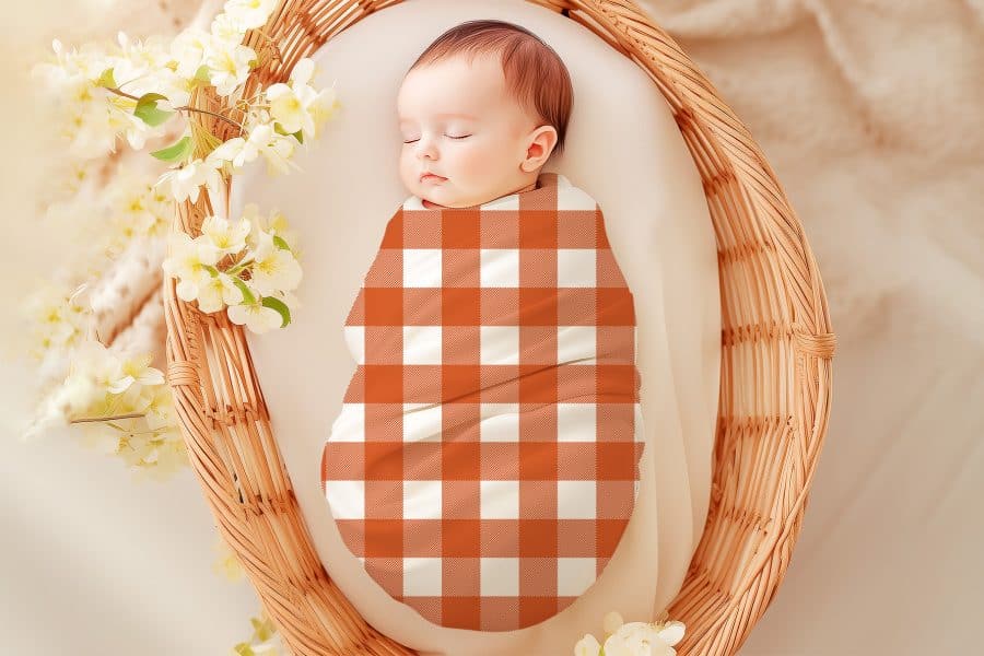 Sleeping baby swaddled in an orange and white gingham blanket.