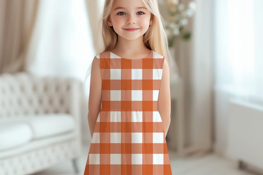 Girl In Orange And White Gingham Dress.