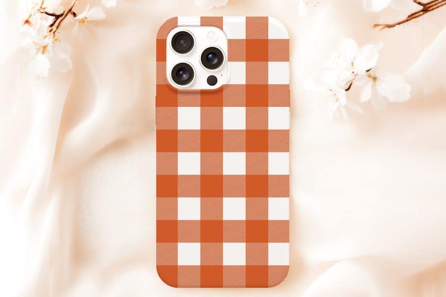 Iphone Case With Orange And White Gingham Pattern.