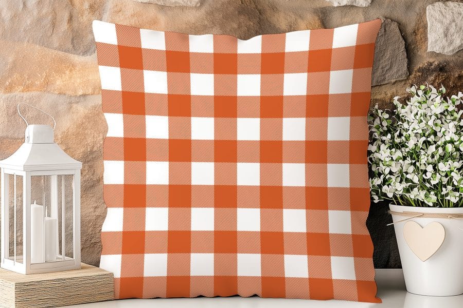 Orange And White Gingham Throw Pillow.