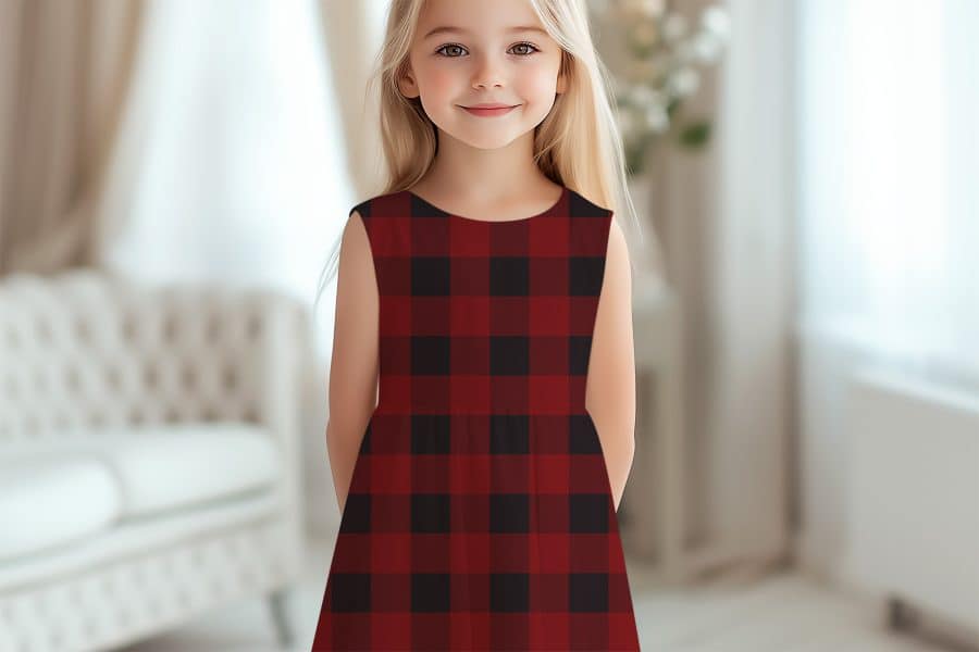 Young Girl Wearing A Sleeveless Red And Black Plaid Dress.