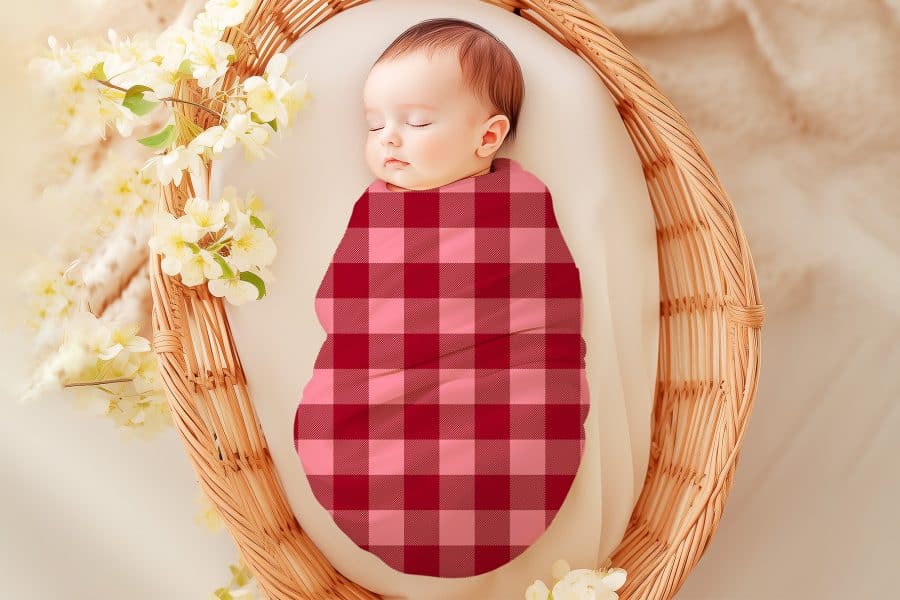 Sleeping baby swaddled in a pink and burgundy plaid blanket.