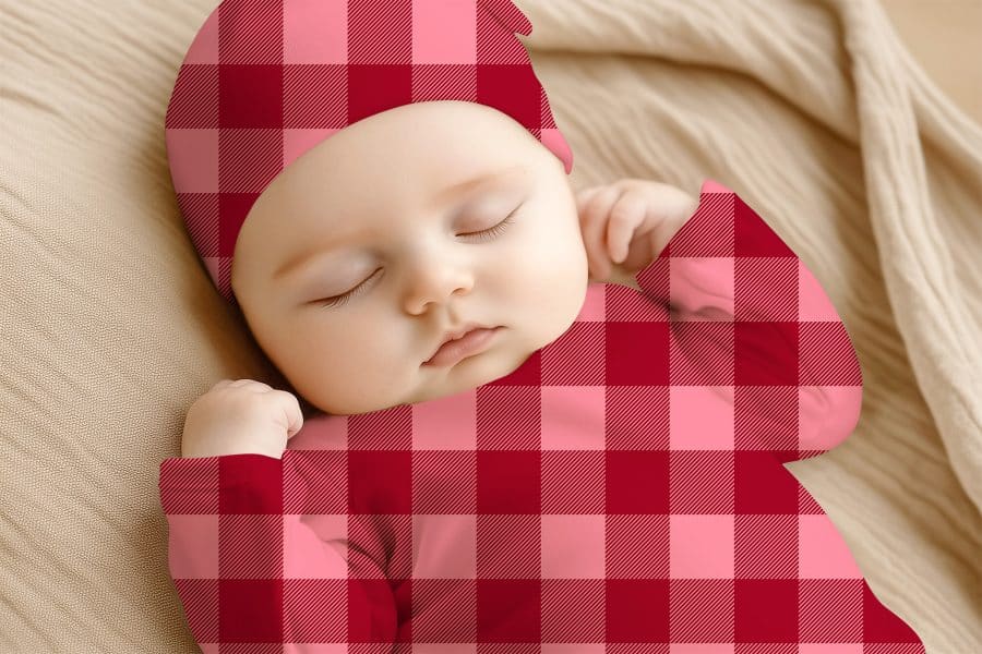 Sleeping Baby Wearing A Red And Pink Plaid Outfit.