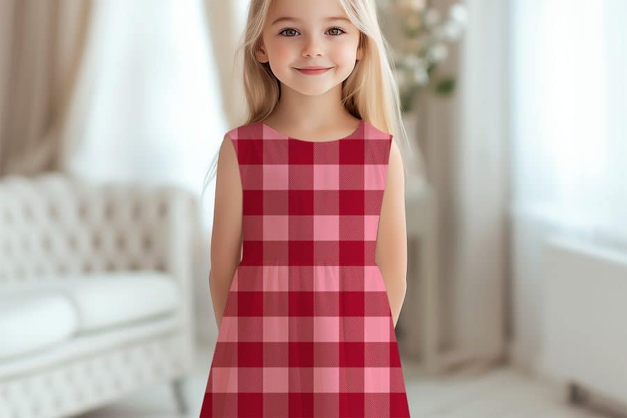 Young Girl Wearing A Red And Pink Plaid Dress.
