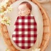 Sleeping Baby Swaddled In A Red And White Checkered Blanket Inside A Wicker Basket.