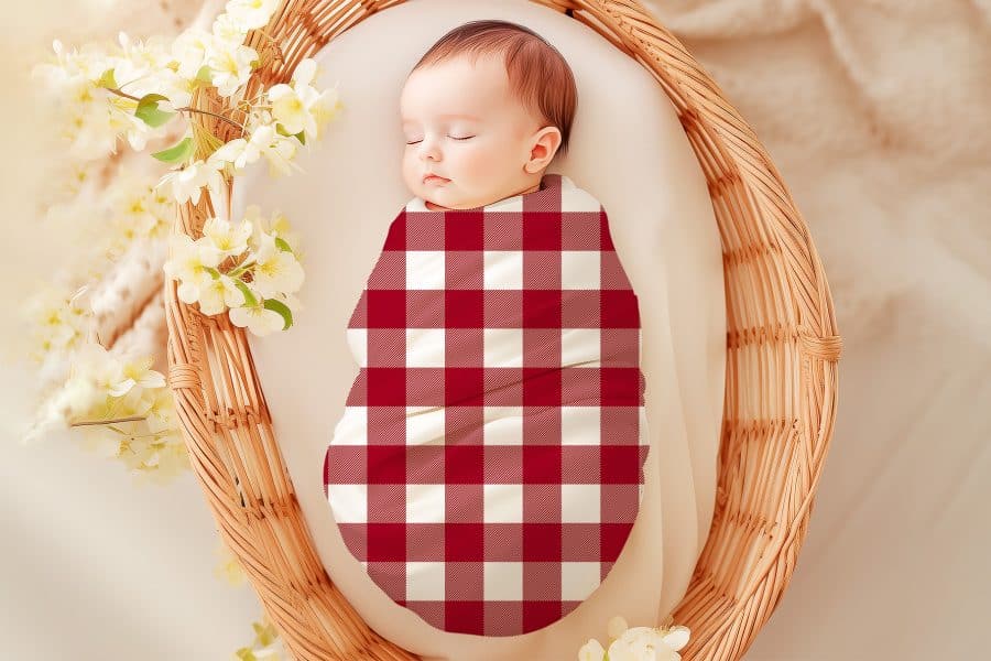 Sleeping baby swaddled in a red and white checkered blanket inside a wicker basket.