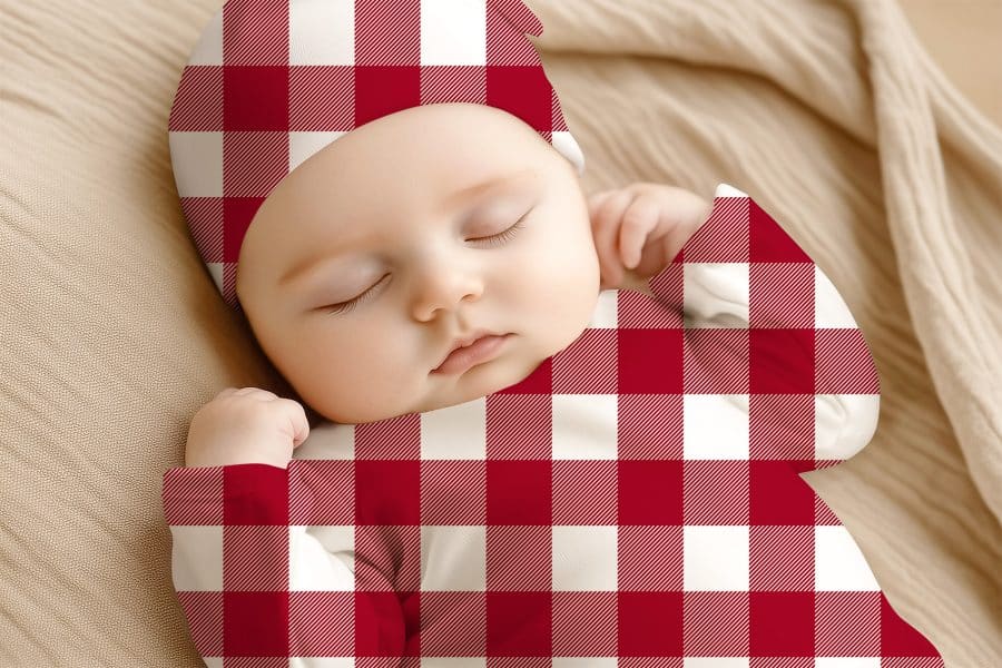 Sleeping Baby Wearing A Red And White Buffalo Plaid Outfit.