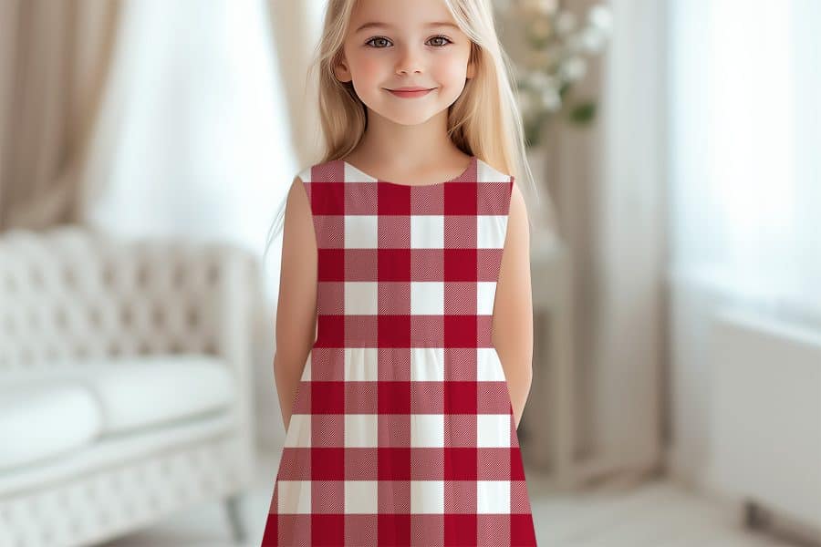 Girl In Red And White Gingham Dress.
