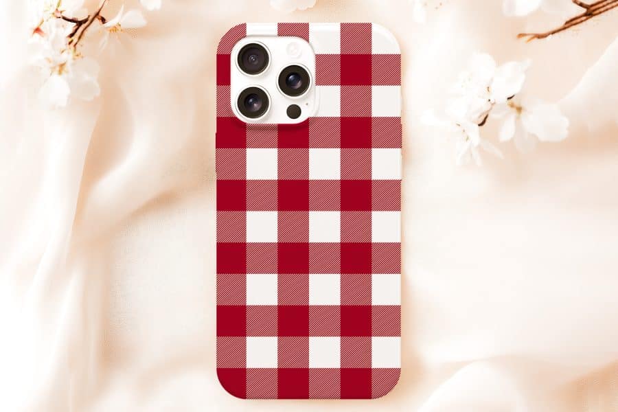 Phone Case With Red And White Gingham Pattern.